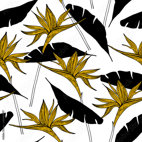 Abstract seamless pattern with tropical flowers leaves silhouette, line drawing