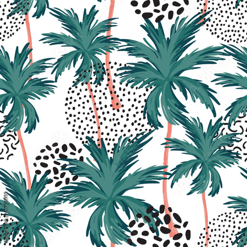 Abstract minimal tropics seamless pattern. Palm trees silhouettes and doodle texture background.