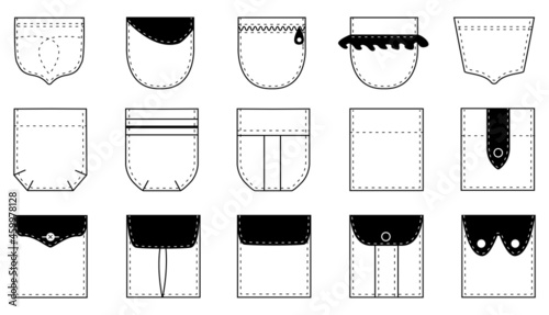 Patch pocket set kets for clothes, shirts, dresses, pants, coats, jackets. Vector isolated.