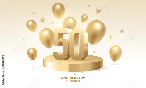 50th Anniversary celebration background. 3D Golden numbers on round podium with confetti and balloons.