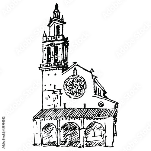 San Lorenzo church in Córdoba. Famous historical architectural landmark in Andalusia, Spain. Hand drawn linear doodle rough sketch. Black ink silhouette on white background.