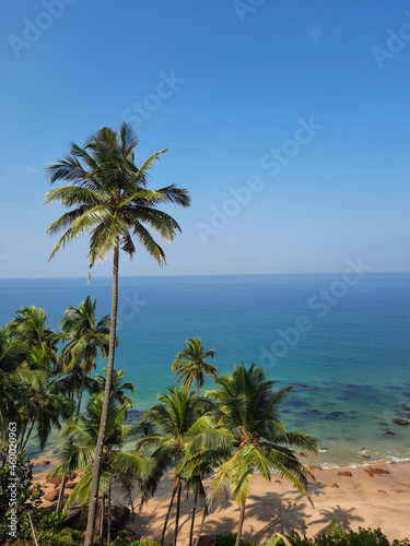 Blue water and palm trees beautiful goa beach, clean water beach in india, goa beach, arabian sea beach. turquoise blue transparent sea water.
