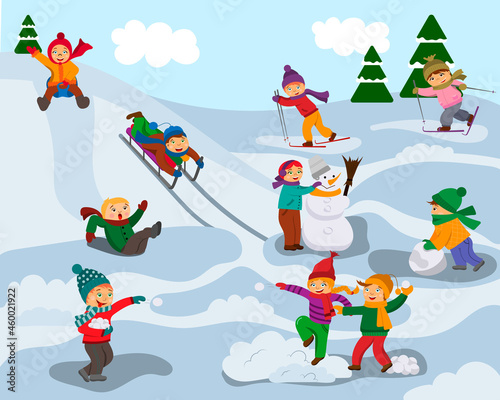 Winter outdoor activities with children and a snowman. In winter, children play snowballs, make a snowman, sledding and skiing outdoors