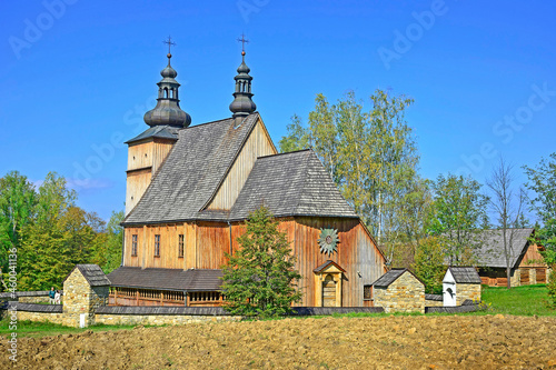 Roman catholic wooden church St. St. Peter and Paul from Lososina Dolna built in 1739, ethnographic park in Nowy Sacz, Poland