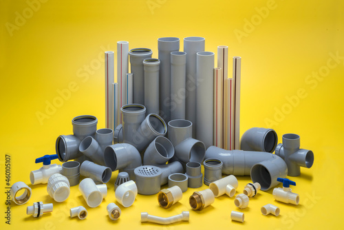 UPVC CPVC Fittings for polypropylene pipes. Elements for pipelines. plastic piping elements. They are designed for connecting pipes. Concept sale of polypropylene fittings.