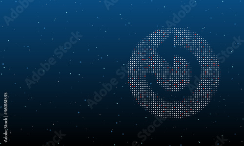 On the right is the replay media symbol filled with white dots. Background pattern from dots and circles of different shades. Vector illustration on blue background with stars