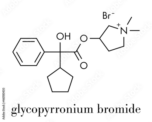 Glycopyrronium bromide (glycopyrrolate) COPD drug molecule. Has additional medical uses as well. Skeletal formula.