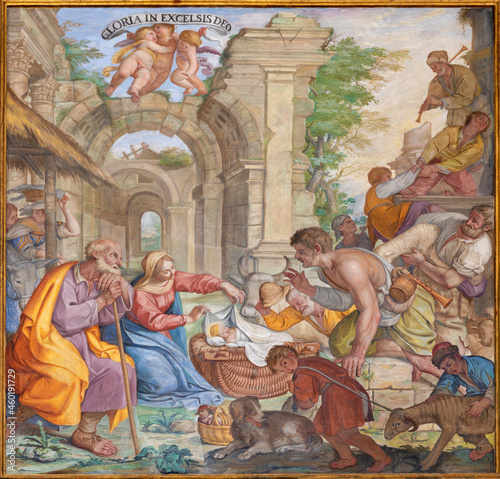 ROME, ITALY - SEPTEMBER 1, 2021: The fresco of Adoration of shepheards in church Basilica di Santa Maria in Aracoeli by Umile da Foligno (1686 - 1691).