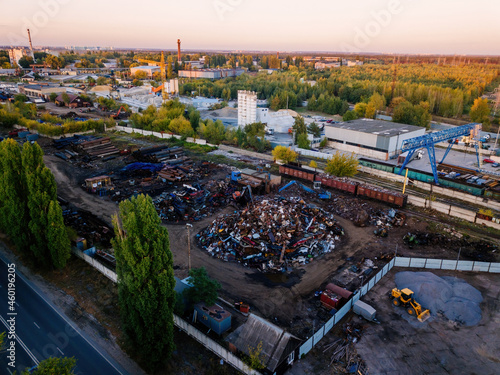 Metal recycling industry. Drone aerial view of scrap yard