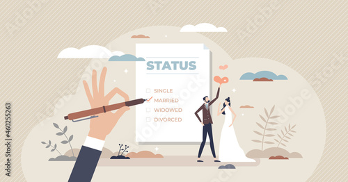 Marital status change with couple relationship type tiny person concept. Checkbox list with single, married, widowed and divorced options for couple vector illustration. Official wedding and marriage.