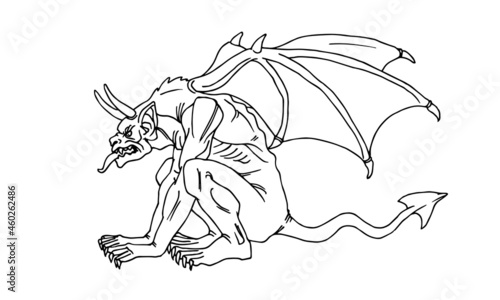 seated horned gargoyle with bat wings, fantastic monster, mythological character, vector illustration with black ink lines isolated on a white background in a cartoon and hand drawn style