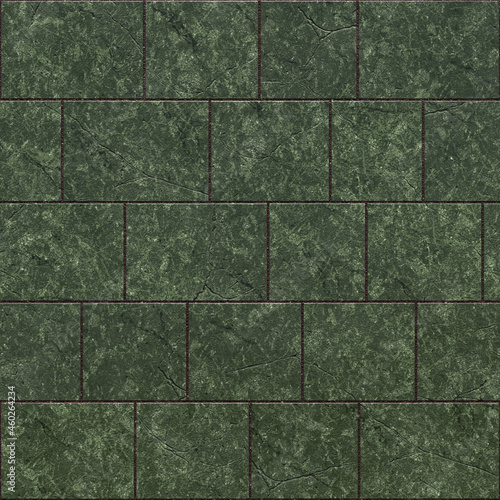 Tiles made of green porphyry marble. Close-up of a green porphyry stone floor with dark and light spots. A wall of square tiles of different sizes. 3D-rendering.