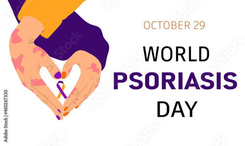 World Psoriasis Day in October 29th. Hands making heart shape holding awareness ribbon- orange and purple. 