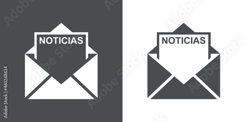 Icono con texto Noticias en español en silueta de hoja de papel en sobre abierto en fondo gris y fondo blanco