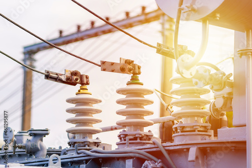 High voltage circuit electric breaker in a power substation.Closeup of high voltage insulators at new substation.Storage outdoors current transformer.