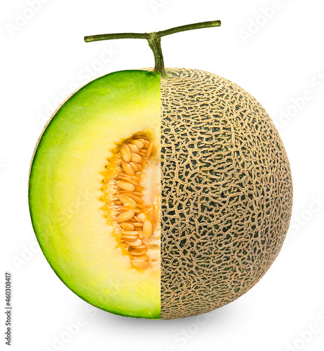 Sweet melon or cantaloupe isolated on white background, Cut in half of melon isolated on white background With clipping path.