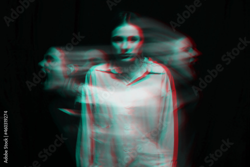 portrait of psychopathic girl with mental paranoid disorders. Black and white with 3D glitch virtual reality effect