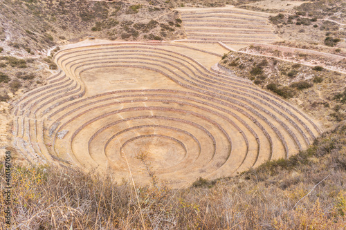 Archaeological remains of the Experimental Moray Center located in Cusco Peru in Latin America surrounded by platforms realixed by the Inca culture