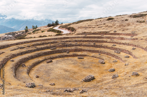 Archaeological remains of the Experimental Moray Center located in Cusco Peru in Latin America surrounded by platforms realixed by the Inca culture