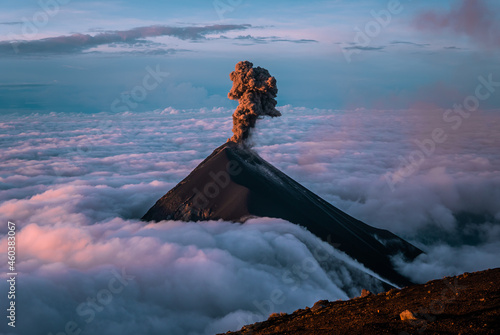 The stunning Volcan de Fuego in Guatemala erupting at sunrise seen from Acatenango Summit