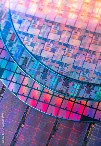 Silicon Wafer with microchips used in electronics for the fabrication of integrated circuits.