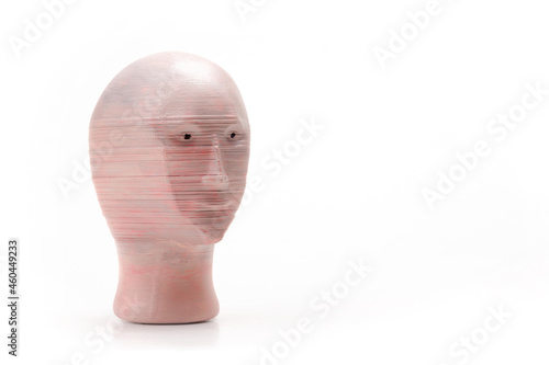 Meme man 3d printed head plastic model, object isolated on white background, cut out, 3D print technology product, surreal internet memes modern web culture symbol simple abstract concept, nobody