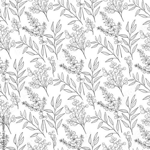 Hand drawn eucalyptus branches seamless pattern black and white outline vector illustration