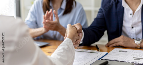 Managers and job applicants shake hands after the job interview, job interviews to find people to work with the company and talent to work with. Concept of recruitment and job interviews.