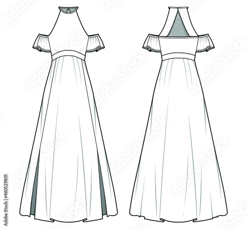 Women Halter Neck Frill Short Sleeve Maxi Dress Front and Back View. fashion illustration vector, CAD, technical drawing, flat drawing.