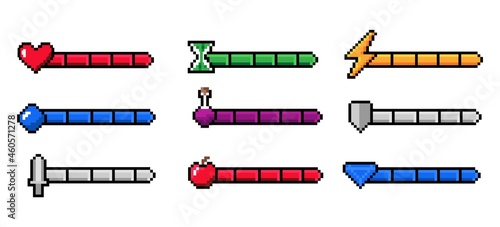Arcade game progress bar. 8-bit indicators of health and stamina, money or energy. Gaming experience infographic. Weapon measurement. Life level charts. Vector interface pixel elements set