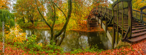 Panoramic view over city park Rotehorn, water stream and an arch wooden footbridge in Autumn golden colors at cloudy rainy day, Magdeburg, Germany.
