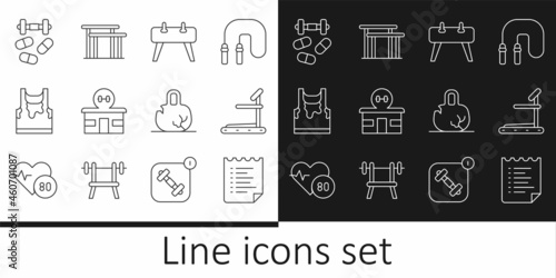 Set line Sport training program, Treadmill machine, Pommel horse, Gym building, Sweaty sleeveless t-shirt, Sports doping with dumbbell, Broken weight and Uneven bars icon. Vector
