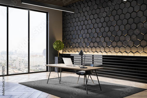 Modern workplace interior with window and city view, desktop, concrete hexagonal walls and decorative items. 3D Rendering.