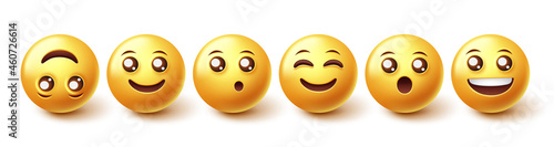 Emoji smiley characters vector set. Emojis character collection with happy and surprised facial expression in 3d graphic design isolated in white background. Vector illustration. 