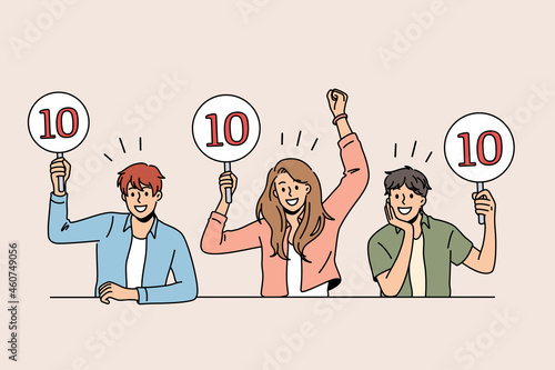 Working as jury of contest concept. Group of young smiling people sitting and showing signs with ten points scores greeting participant vector illustration 
