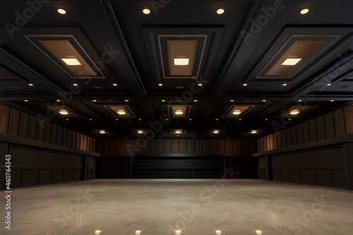 Empty convention hall center .The backdrop for exhibition stands,booth elements. Meeting room for the conference.Big Arena for entertainment,concert,event. ballroom.3d render.