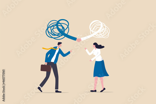 Respect different dissent, accept conflict opinion for work collaborate, professional work discussion concept, businessman and woman fighting or arguing on work with sign of respectful handshaking.
