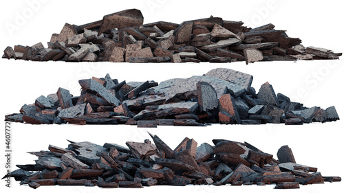 rubble heaps, set of piles of concrete debris isolated on white background 