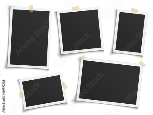 Photo frames realistic. Empty white photos frame vintage with adhesive tapes. Images different forms on wall, blank retro memory album. Wall collage photography mockup vector isolated set