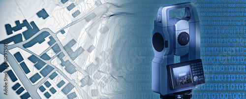Imaginary cadastral map of territory with buildings and roads drawn with a CAD (Computer-Aided-Design) computer software in dwg format file and 3D rendering of a geodesic device, called Total Station 