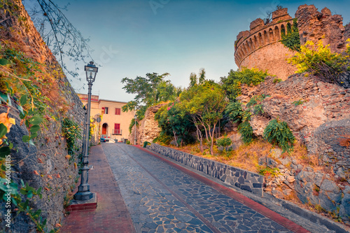 Empty street around Aragonese Belvedere Marittimo Castle. Colorful morning cityscape of Belvedere Marittimo town, Italy, Europe. Traveling concept background..