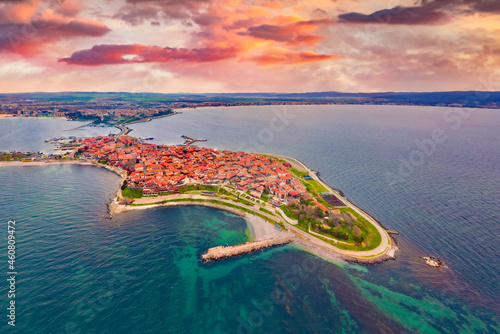 Wonderful spring view from flying drone of old town of Nessebar. Picturesque seascape of Black sea. Aerial outdoor scene of Bulgaria, Europe. Traveling concept background. Beautiful summer scenery.