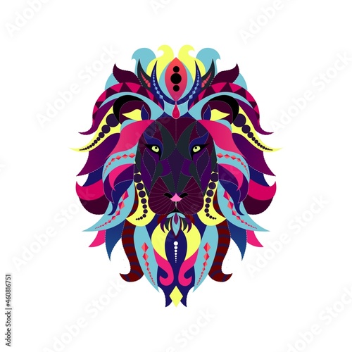 Digital Illustration. Decorative lion. Consist in many colourful ornamental elements. 