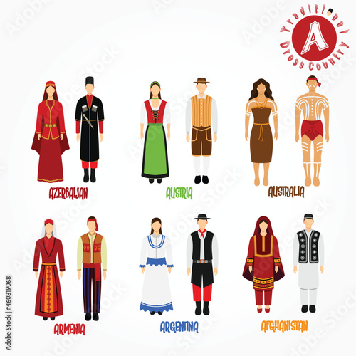Set of alphabet "A" cartoon characters in traditional clothes.