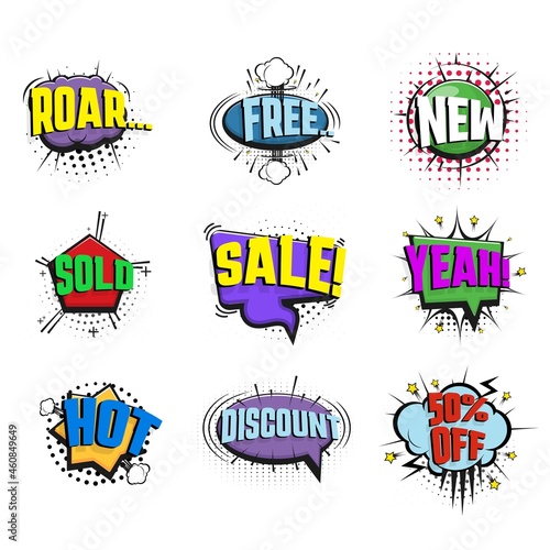 Promo speech bubbles. Flat bubble, sale tags frames and cartoon explosion. Discount labels, comic dialog art banners. Cartoon decent vector stickers