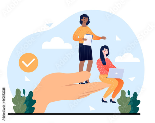 Giant hands holding women. Girlfriends sit on big palm, international friendship. Employee care, awards and bonuses for personel. Cartoon flat vector illustration isolated on white background