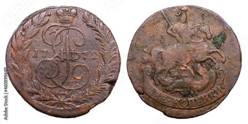 Copper coin of the Russian Empire. Two kopecks in 1772. Catherine II