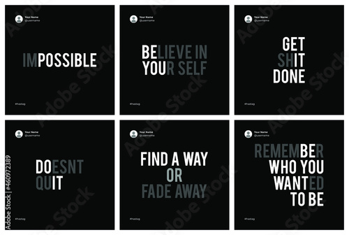 Six motivational quotes template set with faded teks theme and black background.