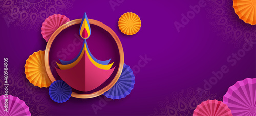 Paper graphic of Indian Diya oil lamp design with round border frame on Indian festive theme big banner background. The Festival of Lights.