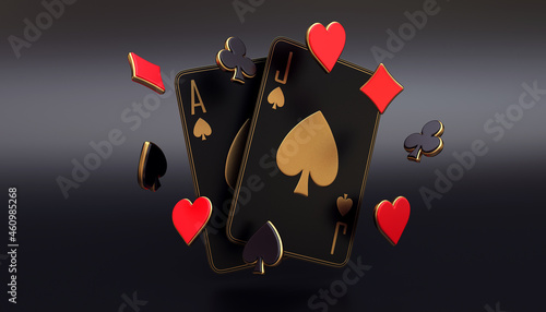 casino cards poker blackjack baccarat Black And Red Ace Symbols With Golden Metal 3d render 3d rendering illustration 